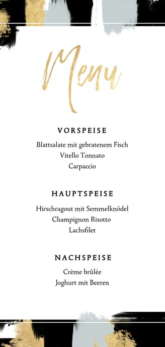 Menükarte zum Hochzeitsdinner im Goldlook mit Farbstreifen Rückseite