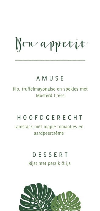 Menu kaart botanisch bruiloft groen Achterkant