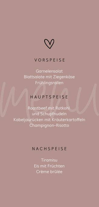 Menükarte Hochzeit minimalistisch mit Herz Rückseite