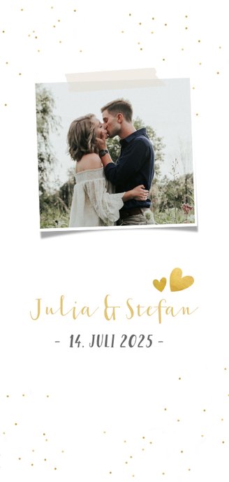 Menükarte Hochzeit mit Foto, goldener Schrift und Konfetti 2