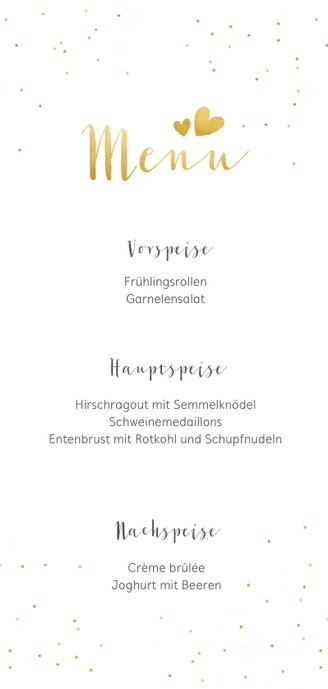 Menükarte Hochzeit mit Foto, goldener Schrift und Konfetti 3