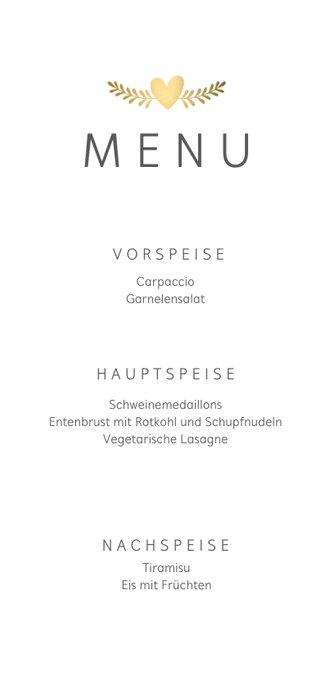Menükarte Hochzeitsdinner mit Foto, goldenen Tauben und Herz 3