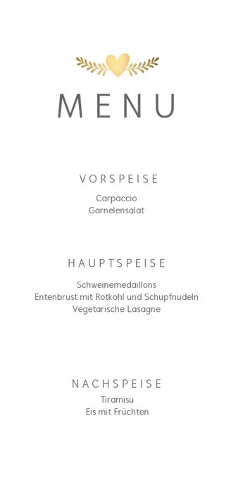 Menükarte Hochzeitsdinner mit Foto, goldenen Tauben und Herz 3