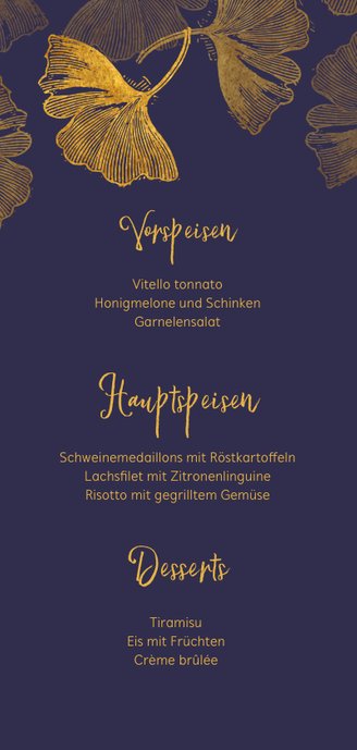 Menükarte Kommunion Ginkgoblätter Stempel blau Rückseite