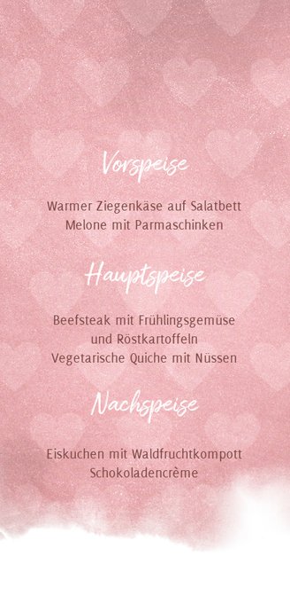 Menükarte Kommunion mit Herzen und Wasserfarbe Rückseite