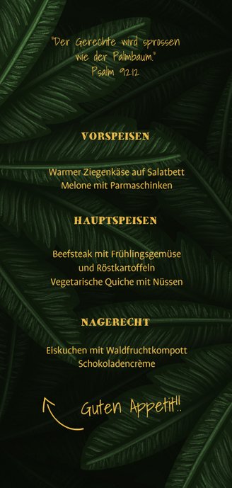Menükarte Konfirmation große Palmenblätter Rückseite