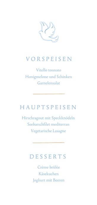 Menükarte Taufe eigenes Foto blaue Taube Rückseite