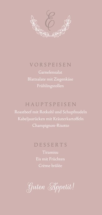 Menükarte Taufe klassisch rosé Rückseite