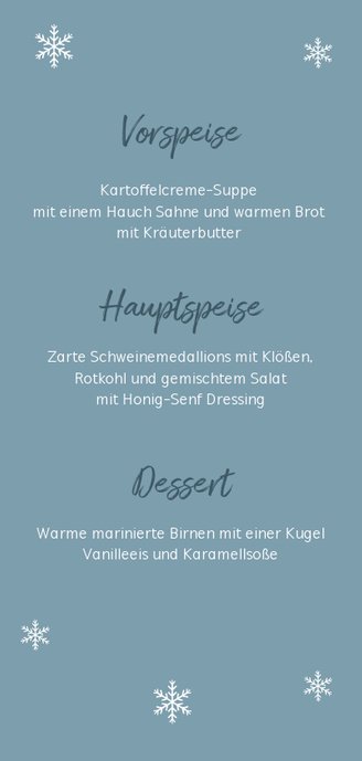 Menükarte Weihnachtsdinner in Blau mit Zweigen Rückseite