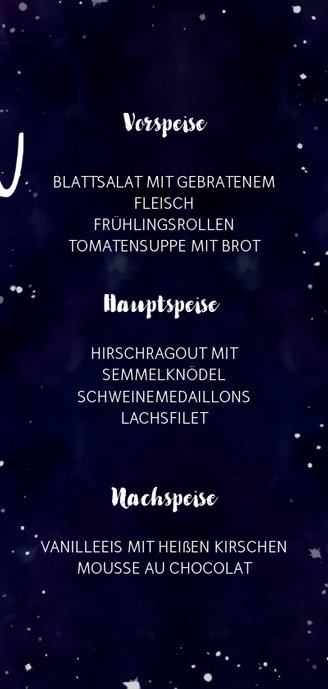Menükarte zum Hochzeitsdinner im Galaxy Design 3