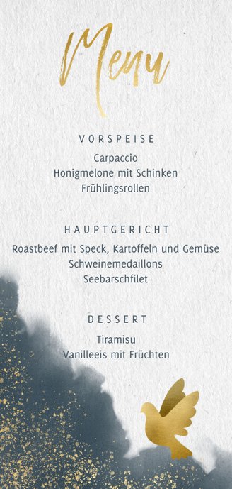Menükarte zum Hochzeitsessen mit Wasserfarben und Tauben Rückseite