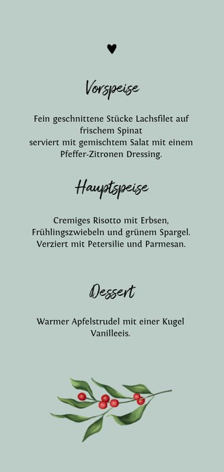 Menükarte zum Weihnachtsessen Kranz mit Vogel Rückseite