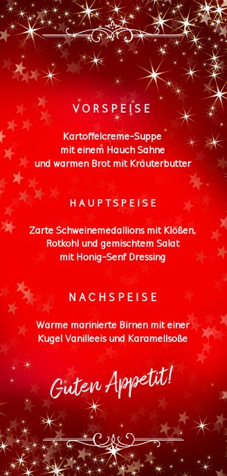 Menükarte zum Weihnachtsessen rot mit Sternen Rückseite