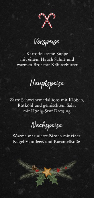 Menükarte zum Weihnachtsessen Weihnachtskranz klassisch Rückseite