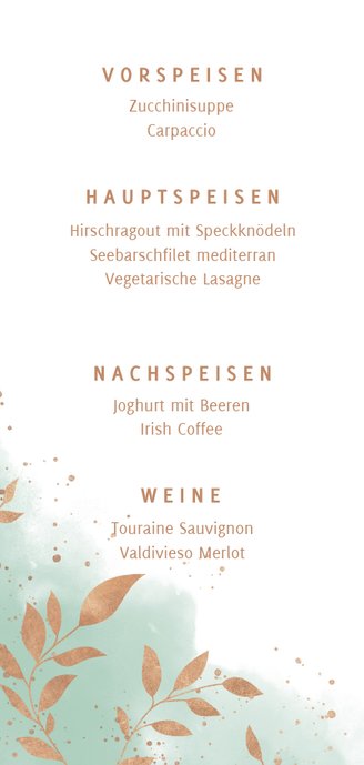 Menükarte zur Hochzeit Aquarell mintgrün Rückseite