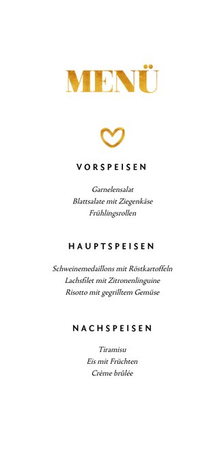 Menükarte zur Hochzeit Goldakzente Fotos Hochformat Rückseite