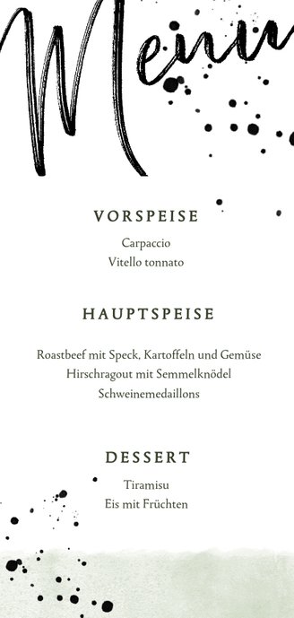 Menükarte zur Hochzeit im Aquarelllook mit schwarzen Punkten Rückseite