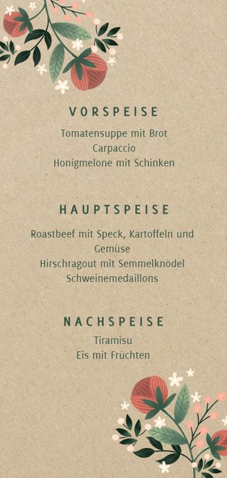 Menükarte zur Hochzeit im botanischen Look mit Blumen Rückseite