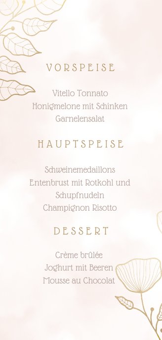 Menükarte zur Hochzeit in rosa mit eleganten Blumen Rückseite