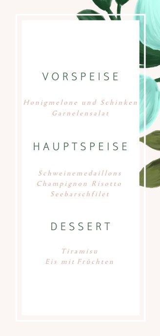 Menükarte zur Hochzeit in rosa mit stilvollen Blumenzweigen 3