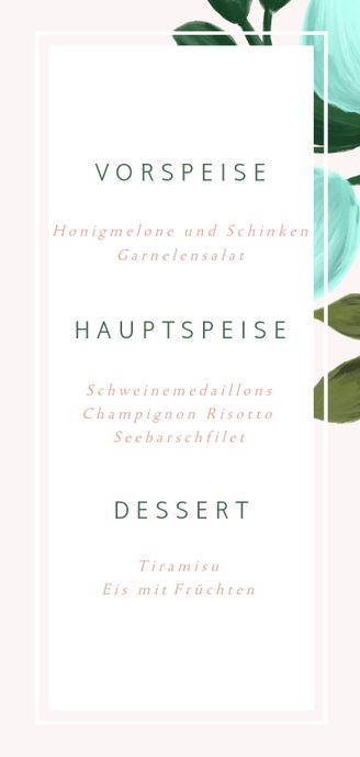Menükarte zur Hochzeit in rosa mit stilvollen Blumenzweigen 3