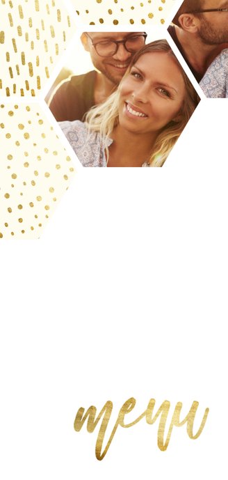 Menükarte zur Hochzeit mit Fotocollage im Goldlook 2