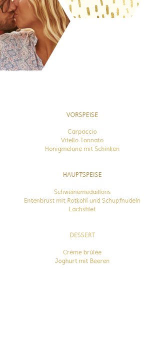 Menükarte zur Hochzeit mit Fotocollage im Goldlook 3