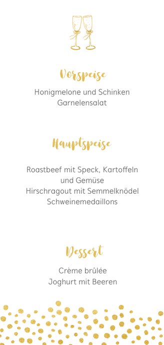 Menükarte zur Hochzeit mit goldener Schrift und Foto 3