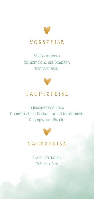 Menükarte zur Hochzeit mit Wasserfarbe und goldenen Herzen 3