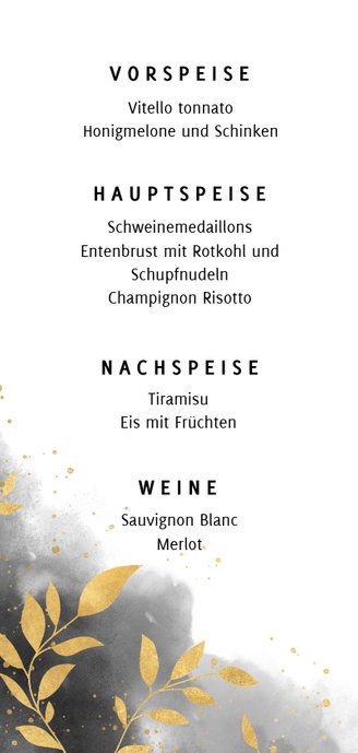 Menükarte zur Hochzeit mit Zweigen und Wasserfarbe Rückseite