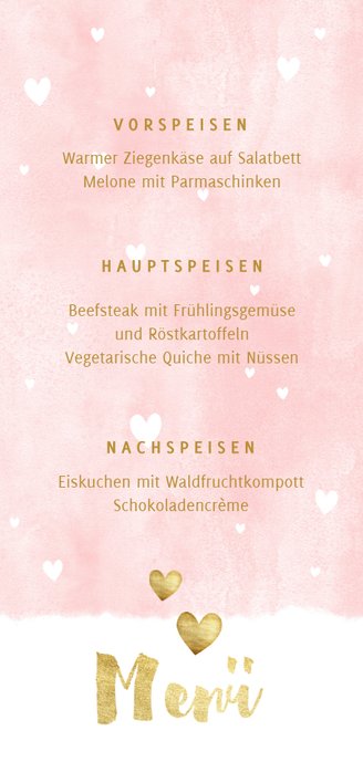 Menükarte zur Kommunion Fotos, Herzen und Goldakzente Rückseite
