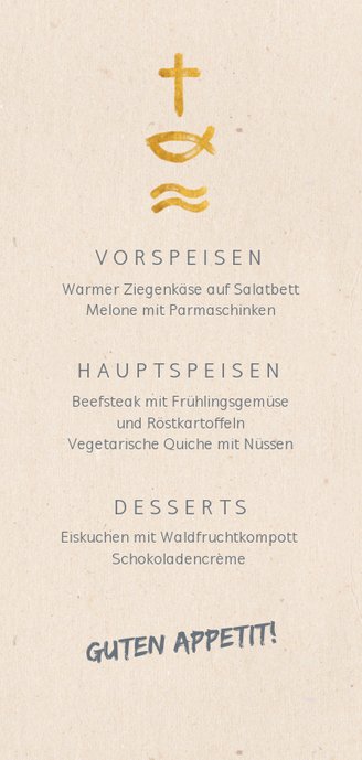 Menükarte zur Kommunion Symbole in Gold Rückseite