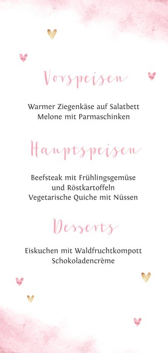 Menükarte zur Taufe Aquarell, Herzen und Elefant Rückseite