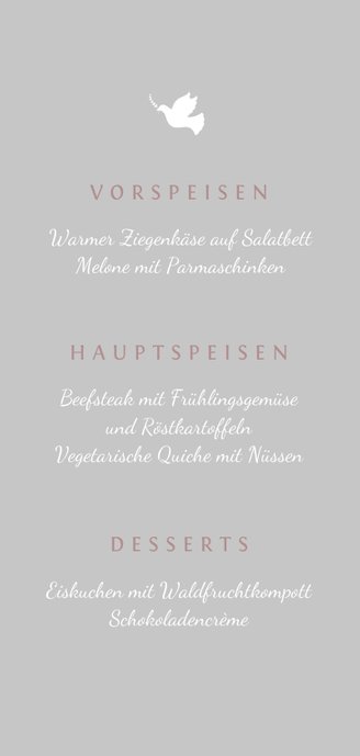 Menükarte zur Taufe Foto rosé Taube Rückseite