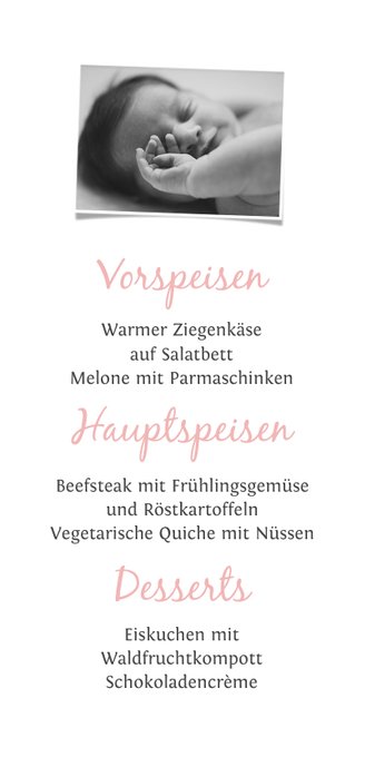Menükarte zur Taufe rosa mit Herzen Rückseite