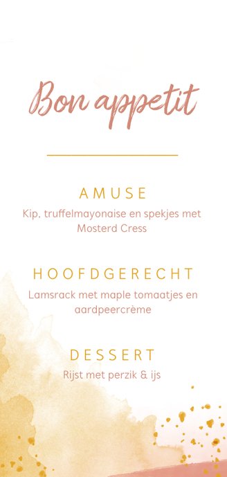 Menukaart 21 diner waterverf oker goud en roze Achterkant