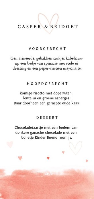 Menukaart aquarel coral pink met hartjes Achterkant