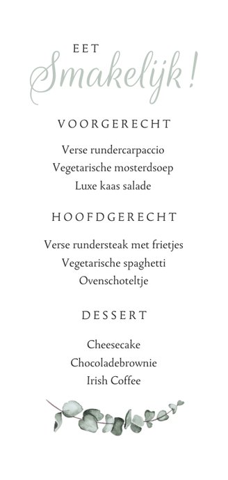 Menukaart bruiloft eucalyptus marmer stijlvol klassiek Achterkant