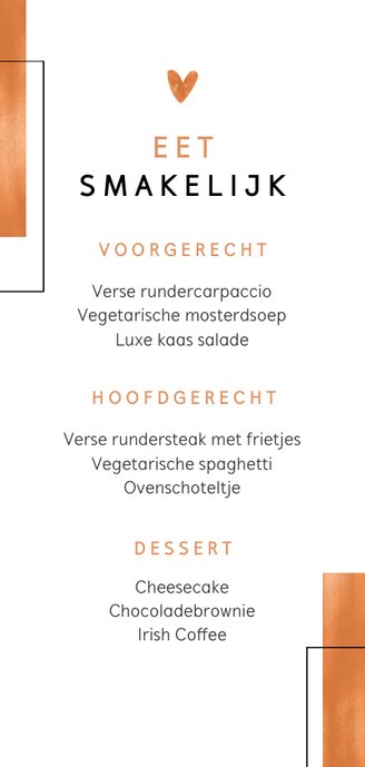Menukaart bruiloft grafisch koper met hartjes Achterkant