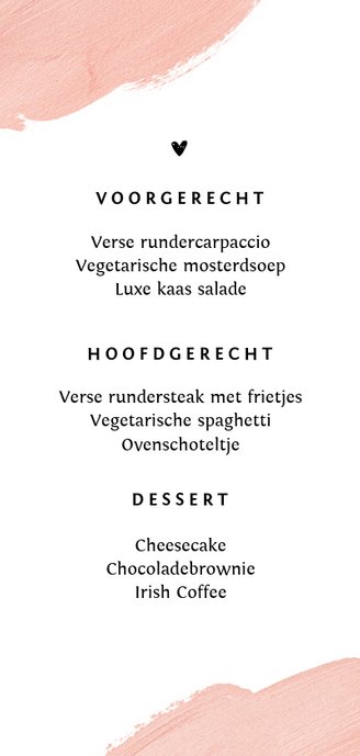 Menukaart bruiloft hip verf roze zwart hartje Achterkant