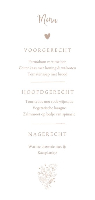Menukaart bruiloft neutrale waterverf hartje & bosje bloemen Achterkant