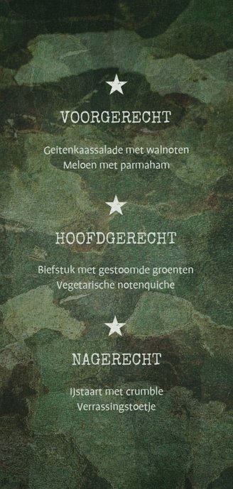 Menukaart communie army stoer met foto en legerplaatje Achterkant