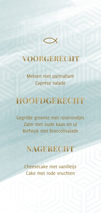 Menukaart communie blauwe waterverf met grafisch patroon Achterkant