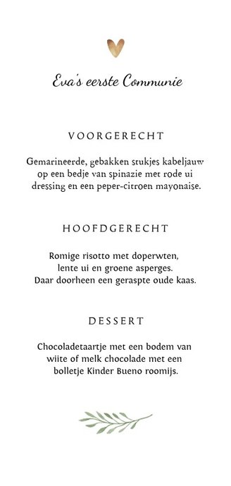 Menukaart communie christelijk met kruis en gouden hartjes Achterkant