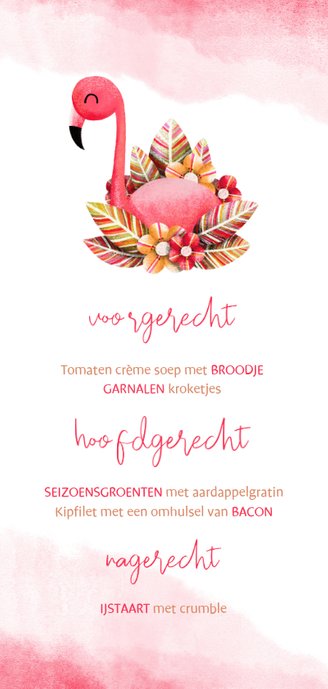Menukaart communie flamingo met waterverf Achterkant