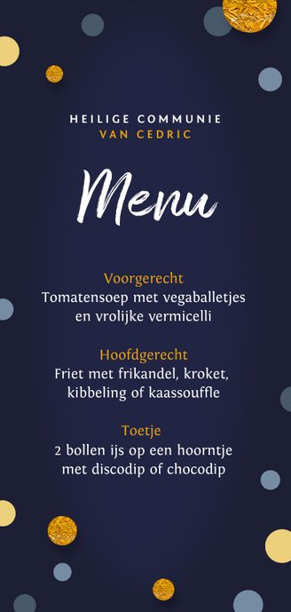 Menukaart communie goud kruis confetti Achterkant