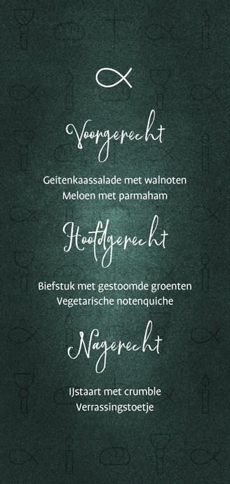 Menukaart communie jongen christelijke symbolen Achterkant
