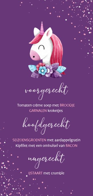 Menukaart communie met unicorn en confetti Achterkant