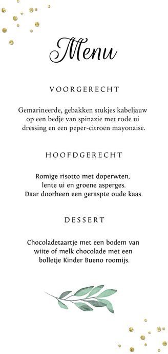 Menukaart communie vormsel christelijk goud takje Achterkant