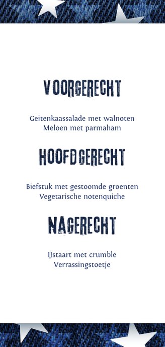 Menukaart denim stoer met sterren Achterkant